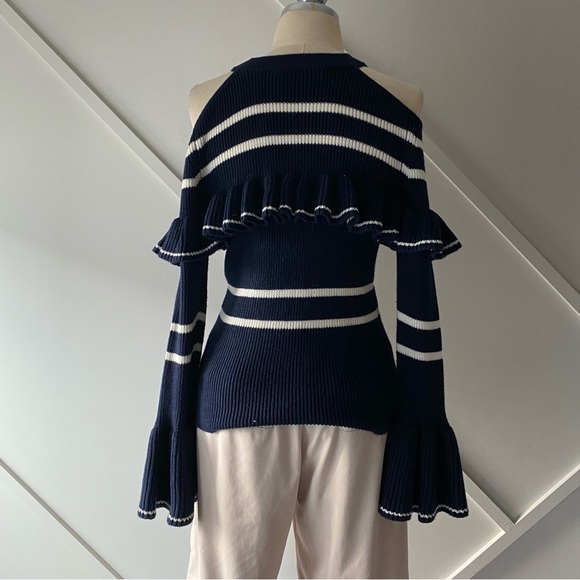 Self-Portrait Navy Blue Frill Cut-Out Shoulder Wool Sweater - S - Picture 4 of 13